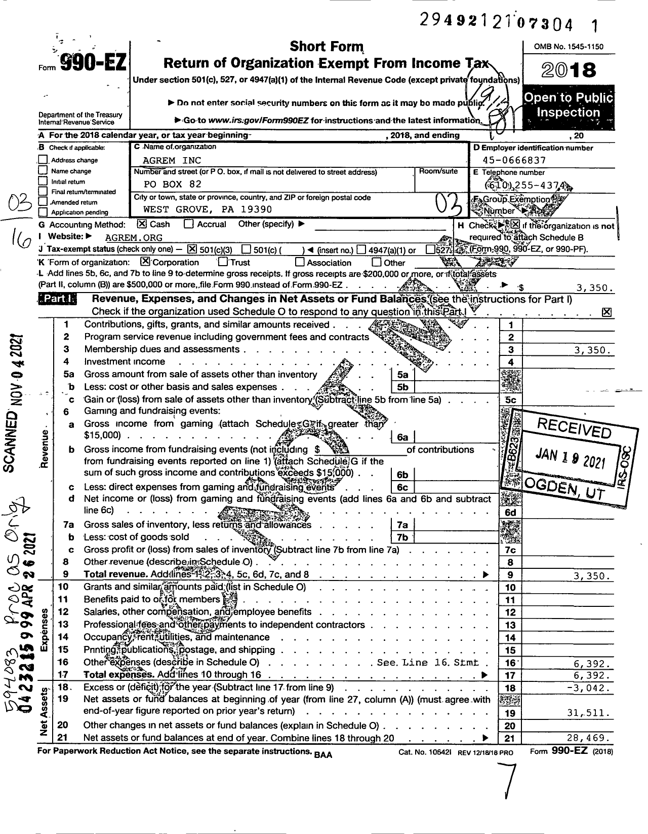 Image of first page of 2019 Form 990EZ for Agrem