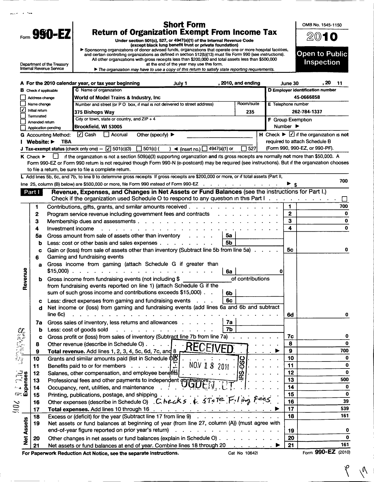 Image of first page of 2010 Form 990EZ for World of Model Trains and Industry