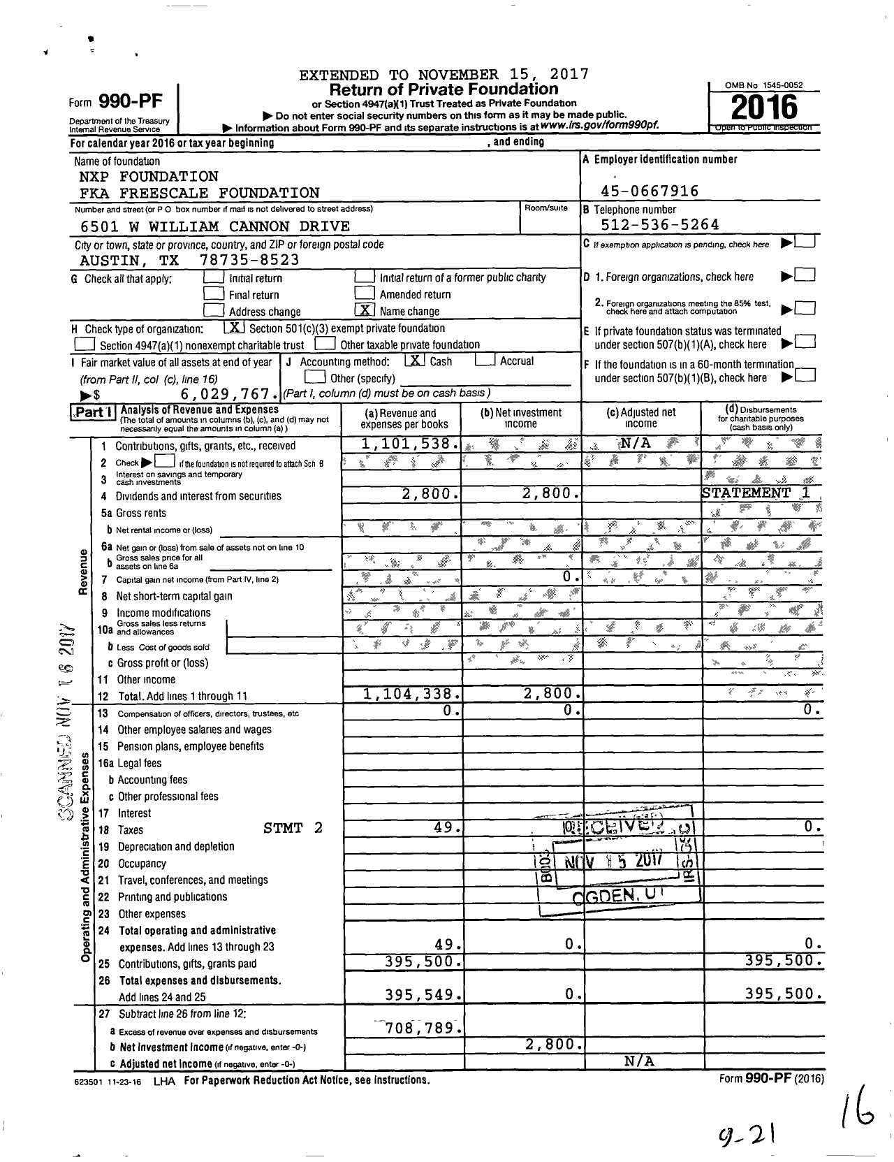 Image of first page of 2016 Form 990PF for NXP Foundation