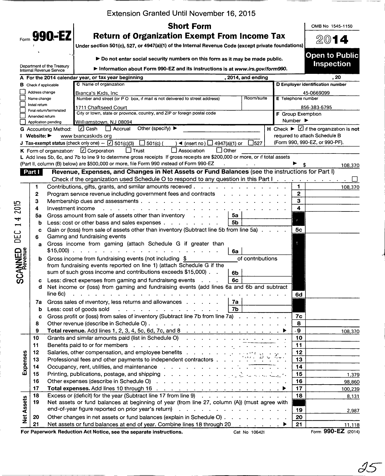 Image of first page of 2014 Form 990EZ for Bianca's Kids