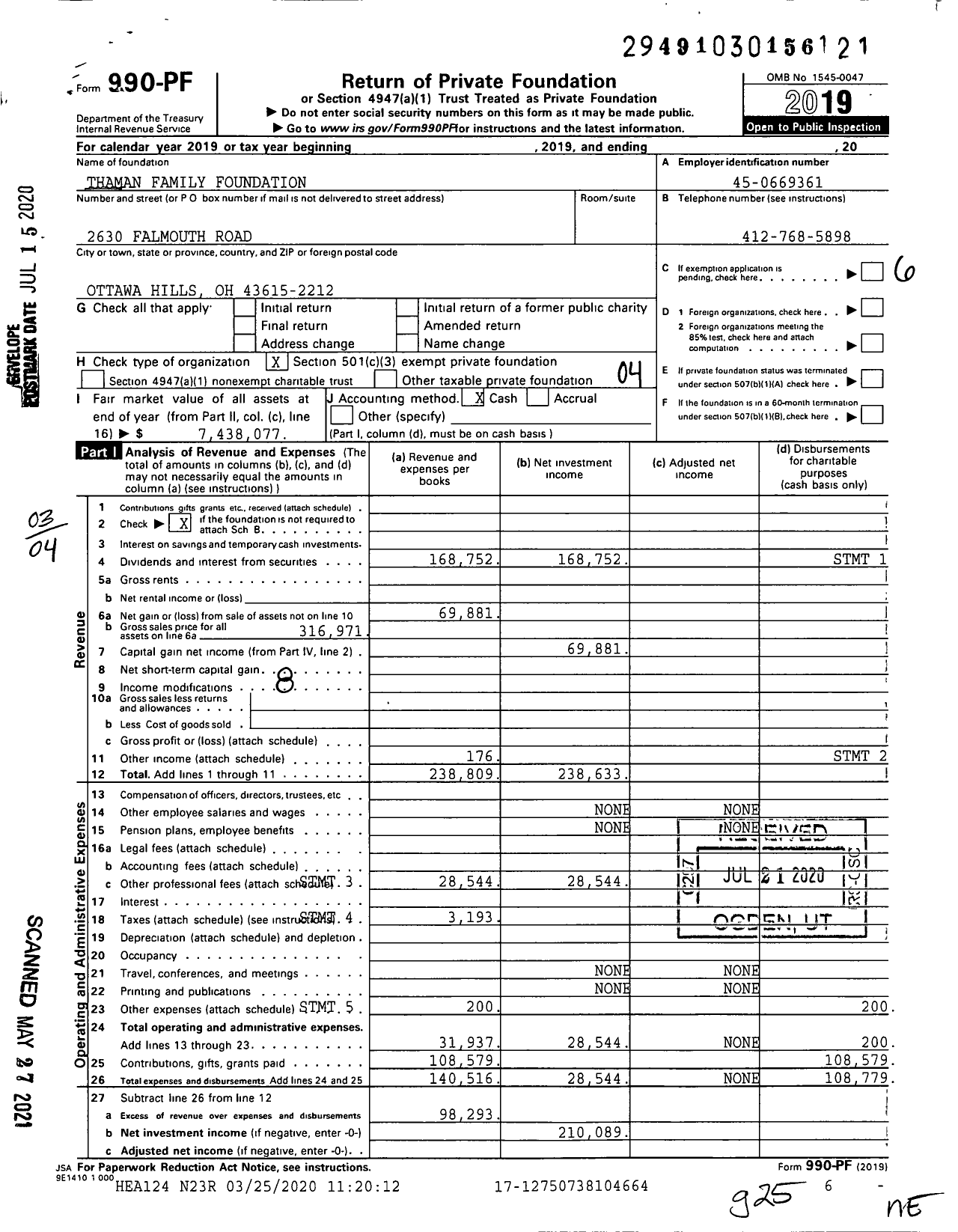 Image of first page of 2019 Form 990PF for Thaman Family Foundation Ica