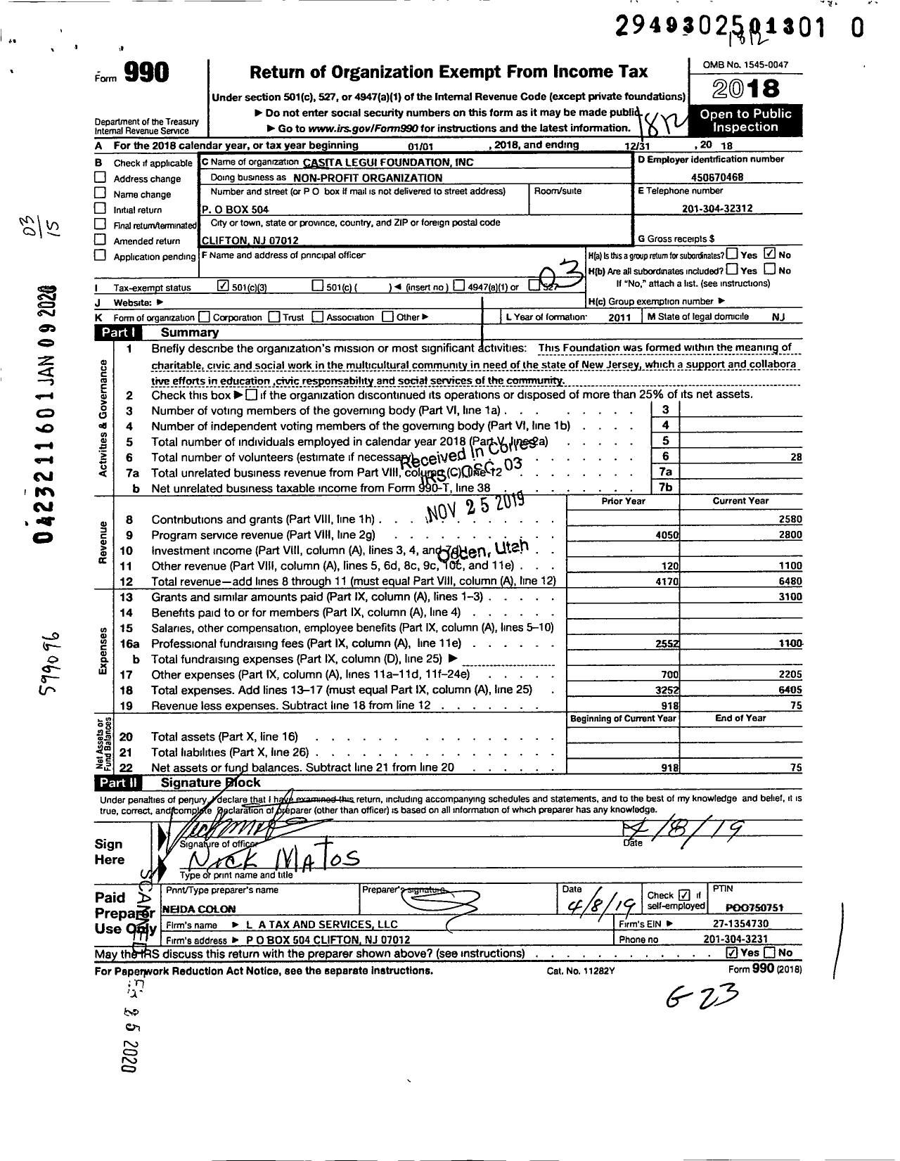 Image of first page of 2018 Form 990 for Casita Legui Foundation