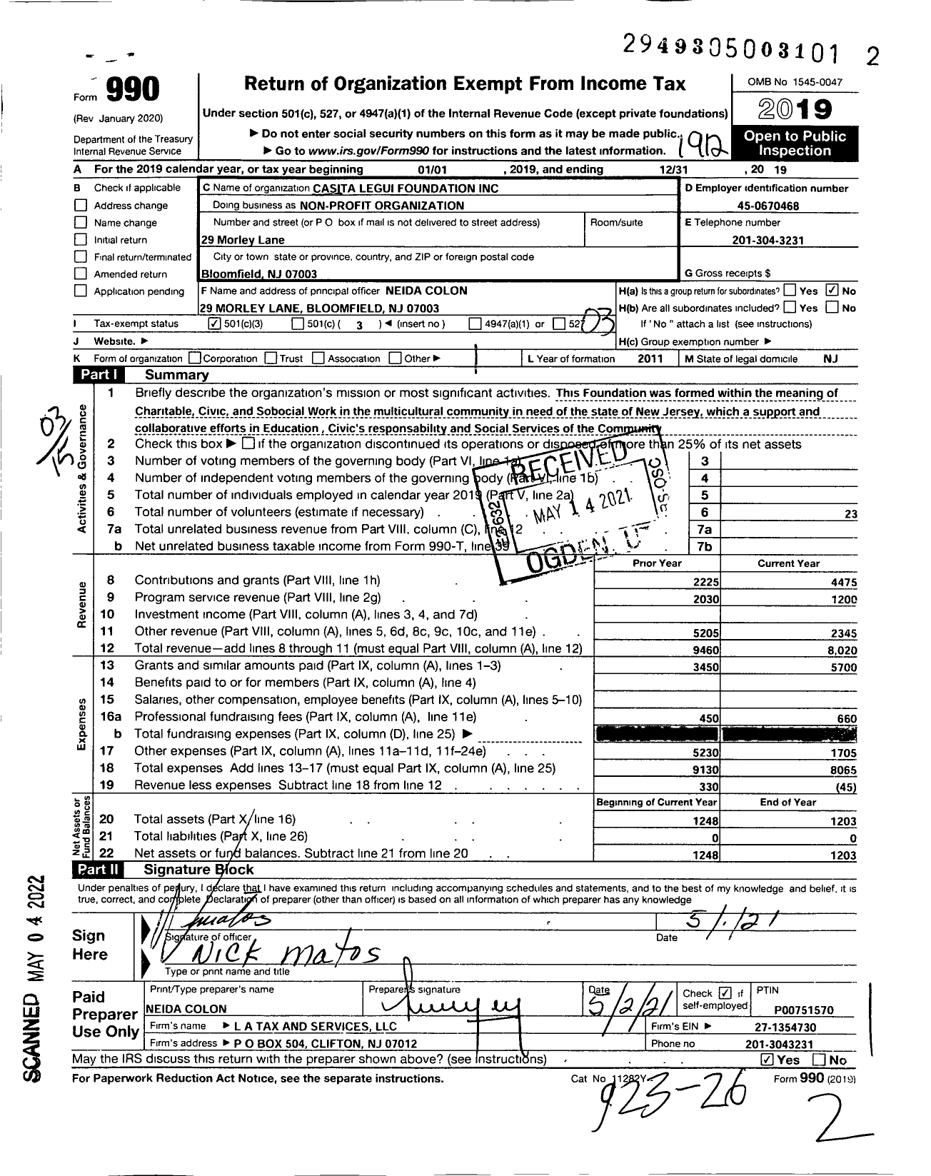 Image of first page of 2019 Form 990 for Casita Legui Foundation