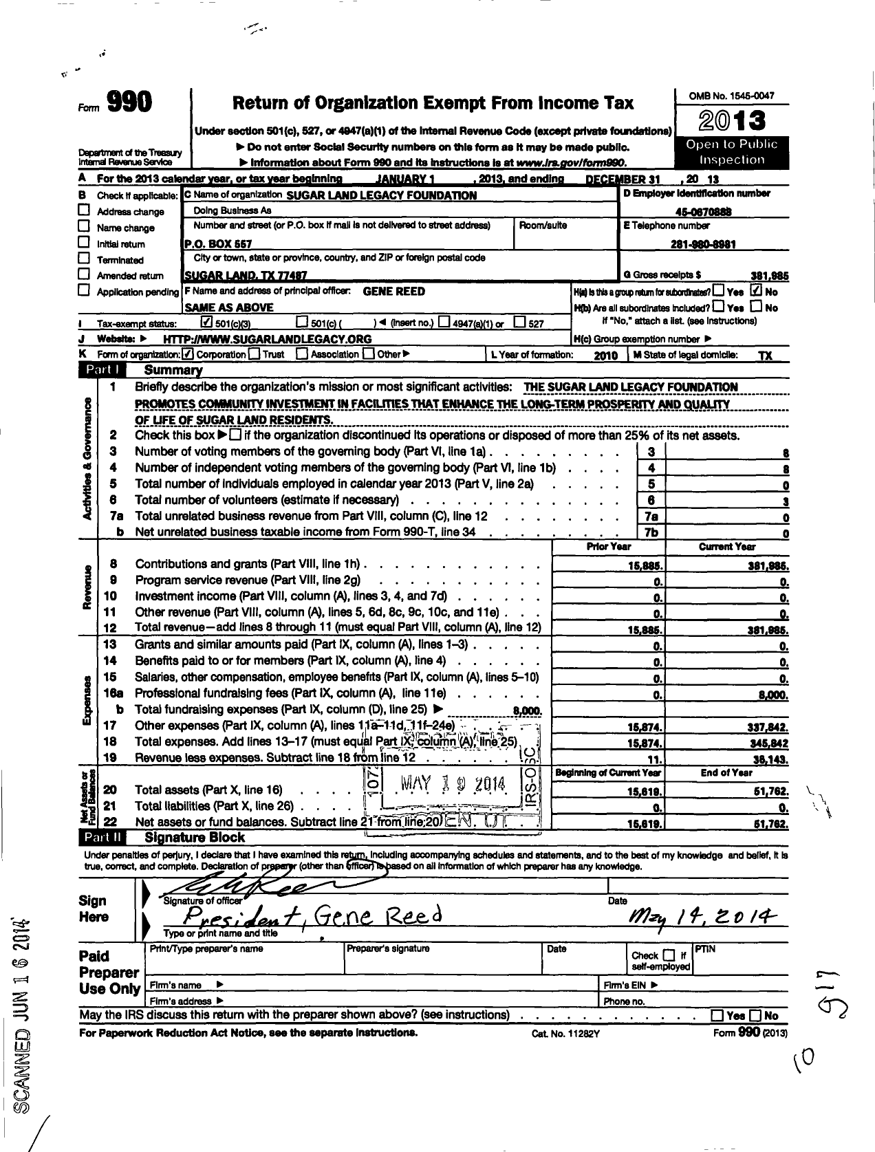 Image of first page of 2013 Form 990 for Sugar Land Legacy Foundation