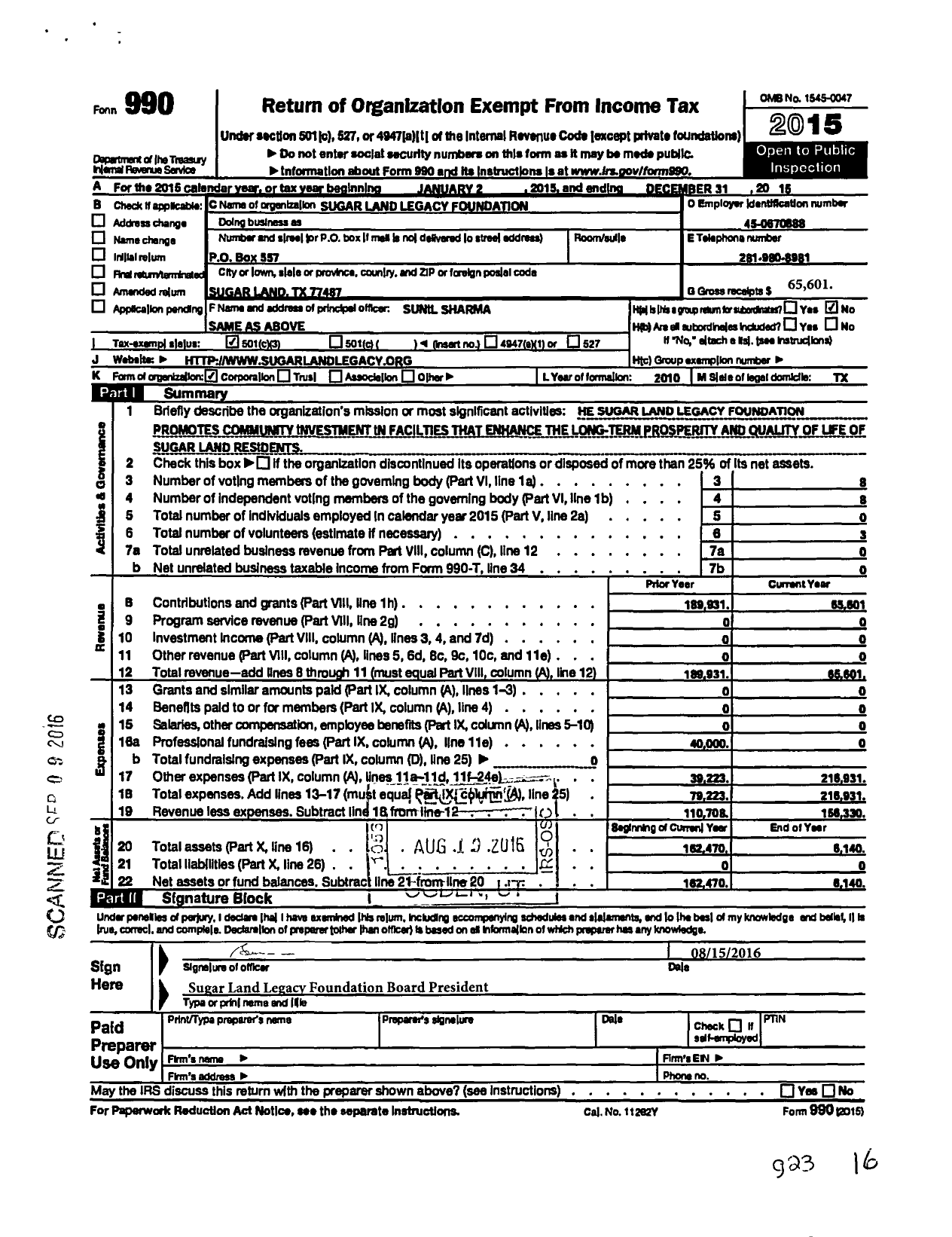 Image of first page of 2015 Form 990 for Sugar Land Legacy Foundation