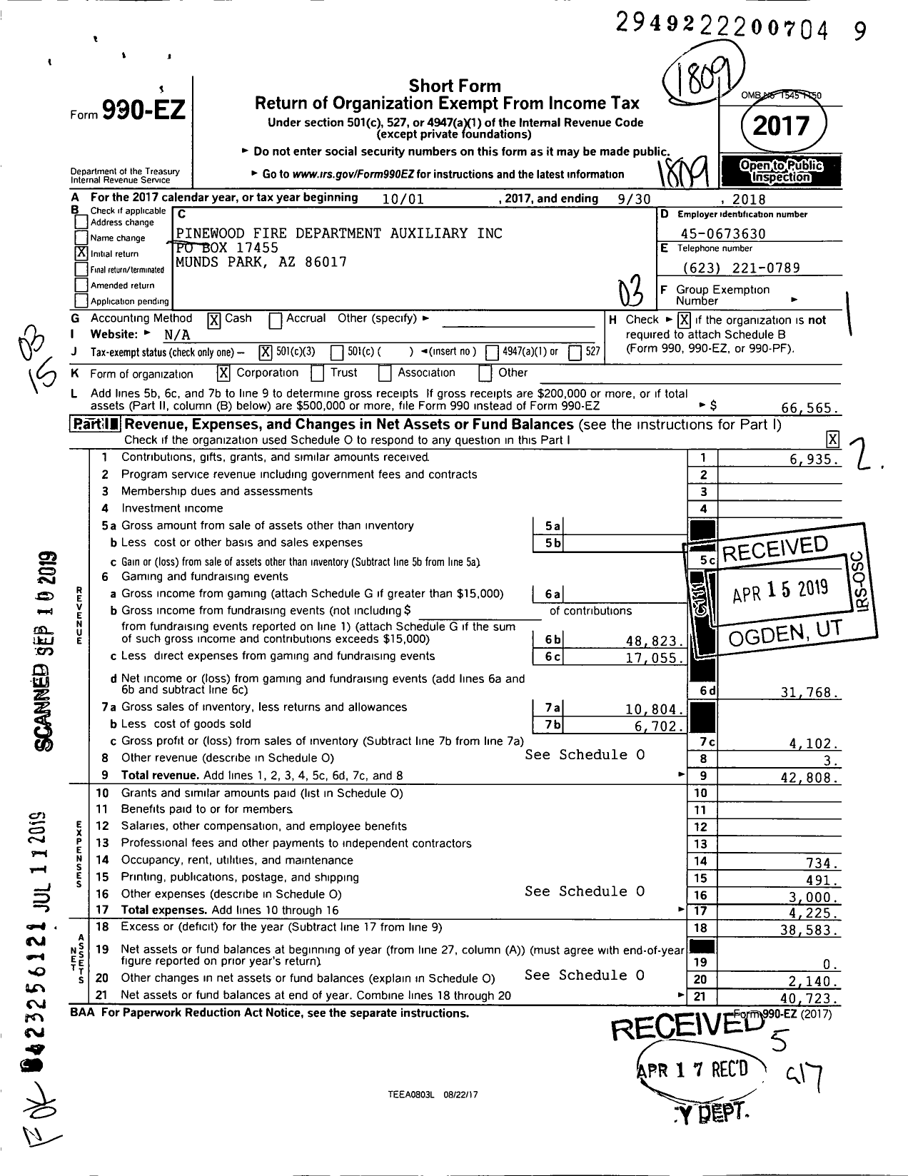 Image of first page of 2017 Form 990EZ for Pinewood Fire Department Auxiliary