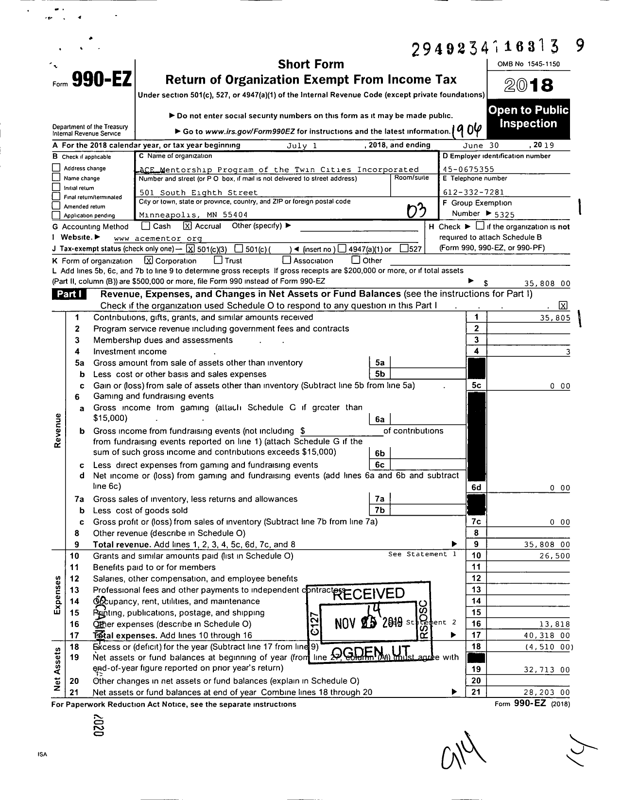 Image of first page of 2018 Form 990EZ for Ace Mentorship Program of the Twin Cities Incorporated