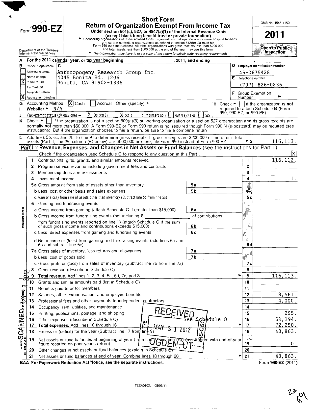 Image of first page of 2011 Form 990EZ for Anthropogeny Research Group