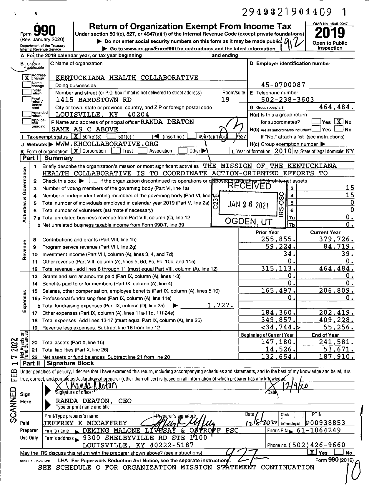 Image of first page of 2019 Form 990 for Kentuckiana Health Collaborative