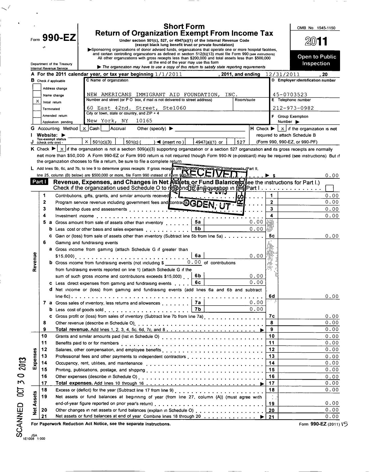 Image of first page of 2011 Form 990EZ for New American Immigrant Aid Foundation