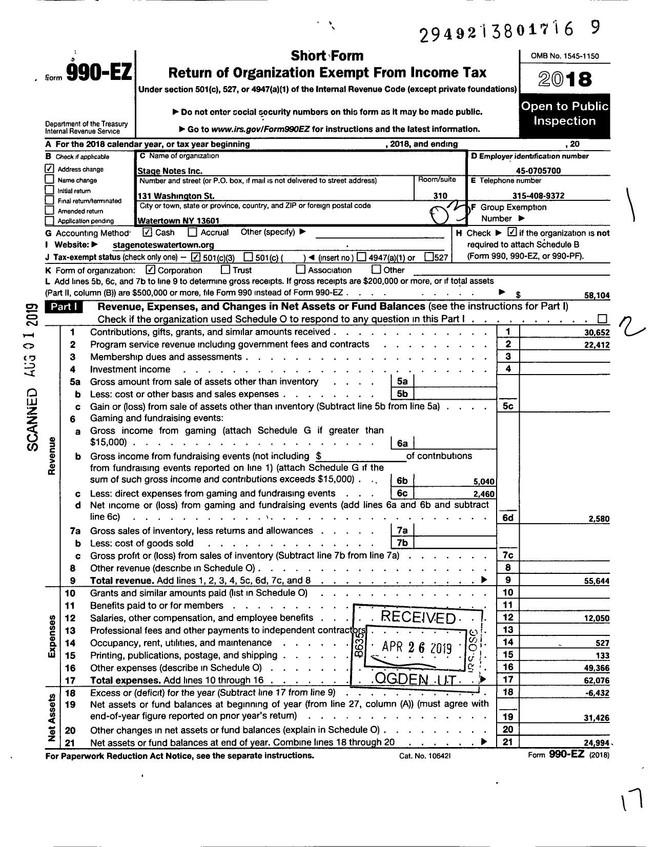 Image of first page of 2018 Form 990EZ for Stage Notes