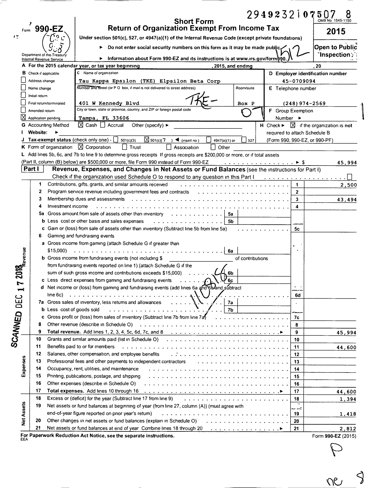 Image of first page of 2015 Form 990EO for Tke Epsilon Beta Corporation