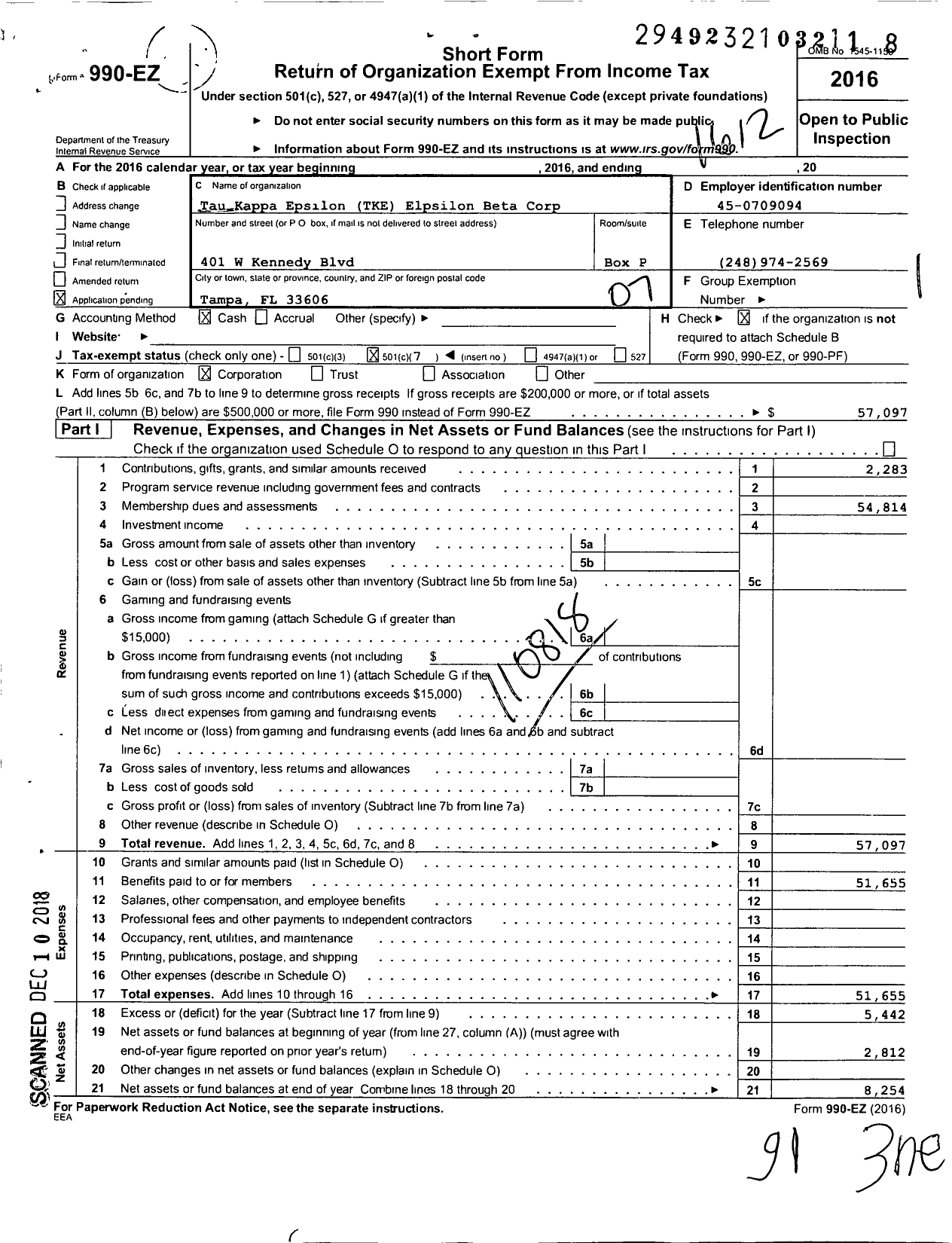 Image of first page of 2016 Form 990EO for Tke Epsilon Beta Corporation