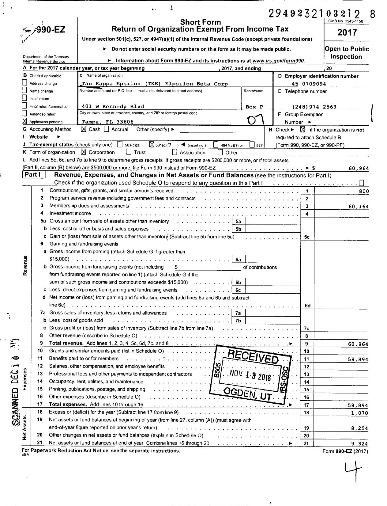 Image of first page of 2017 Form 990EO for Tke Epsilon Beta Corporation