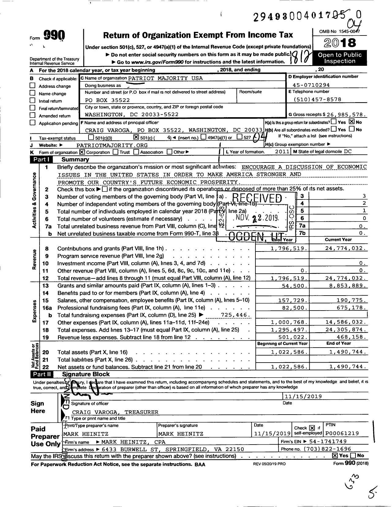 Image of first page of 2018 Form 990O for Patriot Majority USA