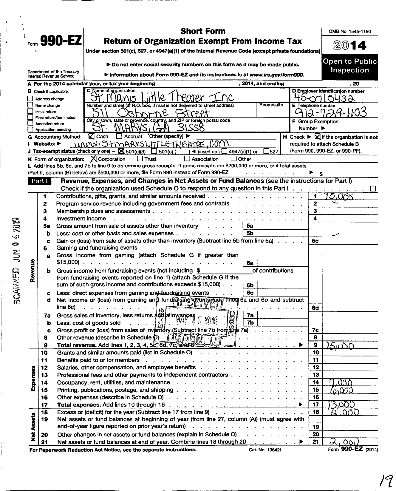 Image of first page of 2014 Form 990EZ for St Marys Little Theater