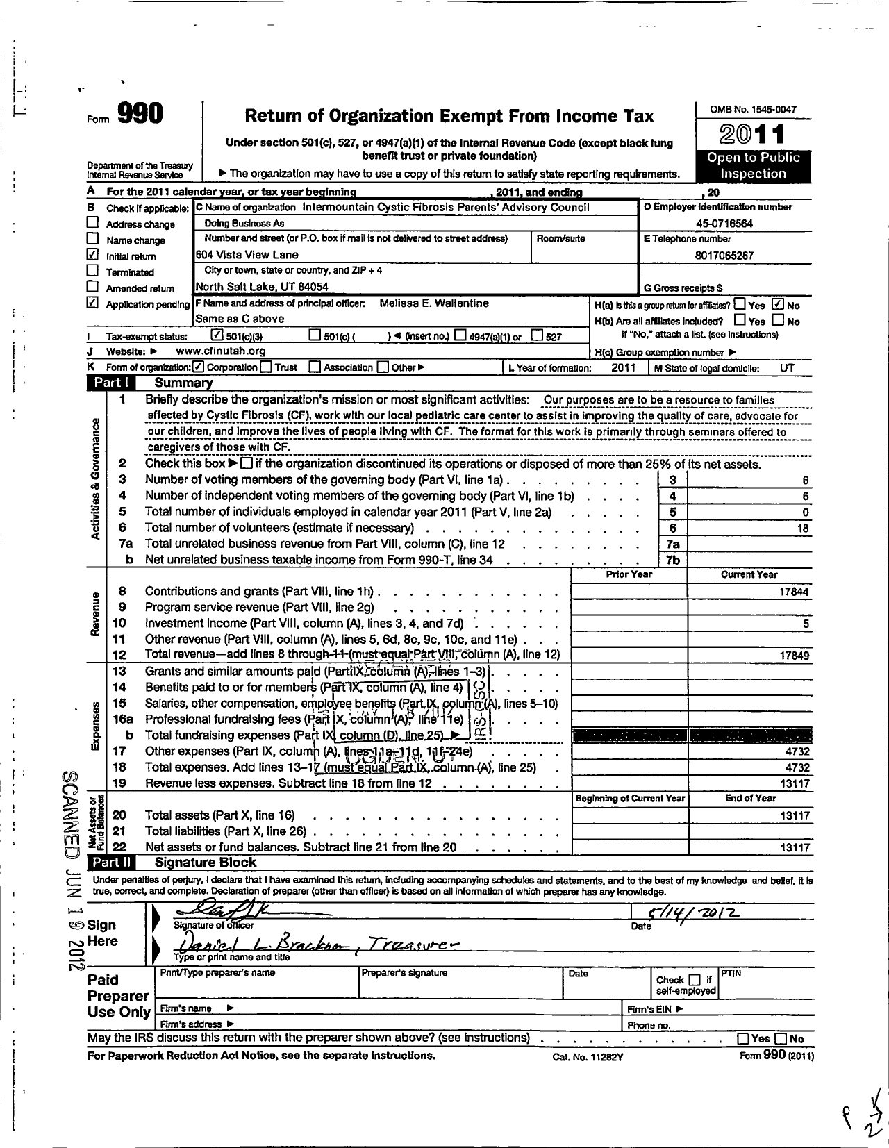 Image of first page of 2011 Form 990 for Intermountain Cystic Fibrosis Parents Advisory Council (CFPAC)