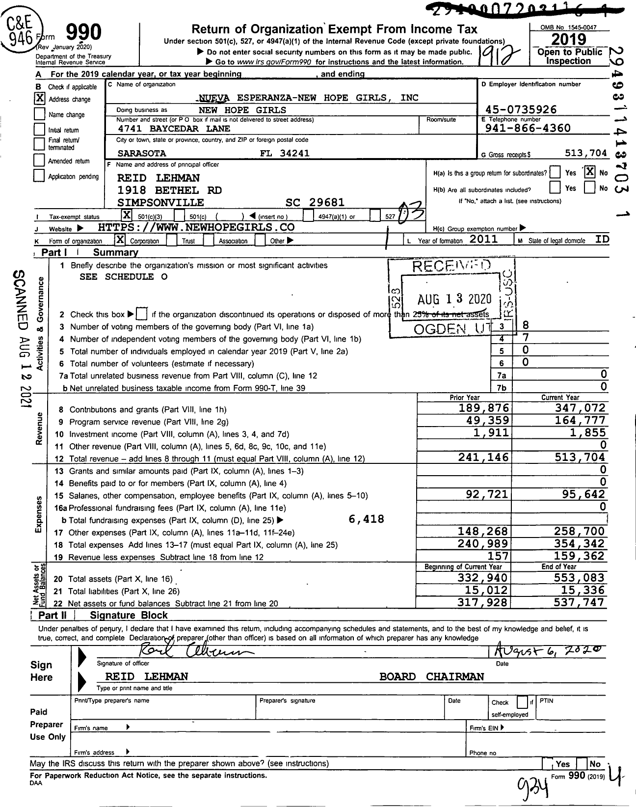 Image of first page of 2019 Form 990 for New Hope Girls