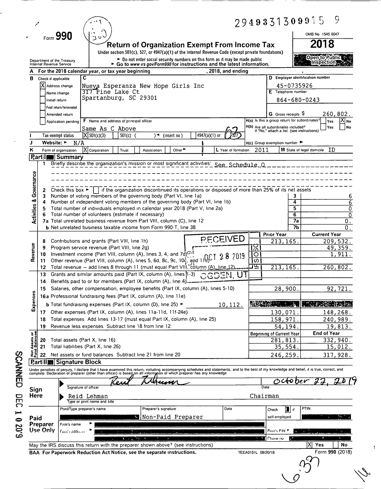 Image of first page of 2018 Form 990 for New Hope Girls