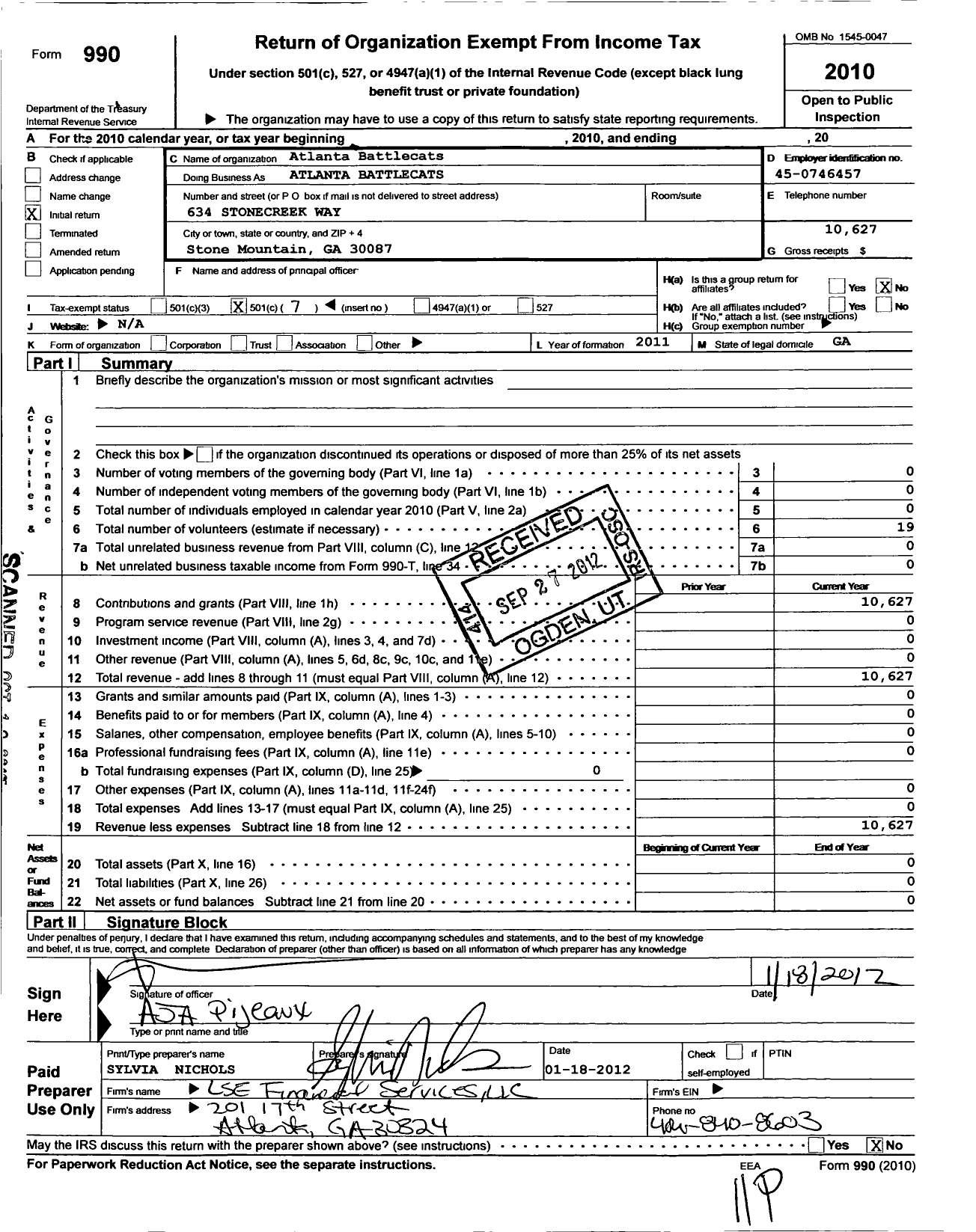 Image of first page of 2010 Form 990O for Amateur Athletic Union - Atlanta Battlecats