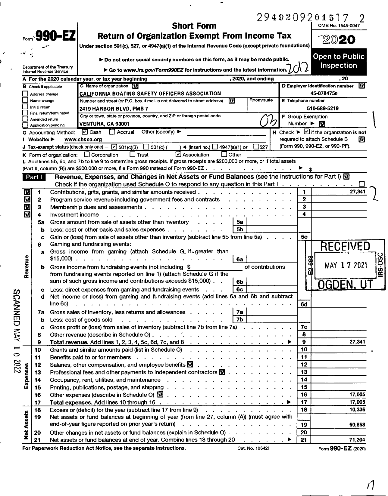 Image of first page of 2020 Form 990EZ for California Boating Safety Officers Association