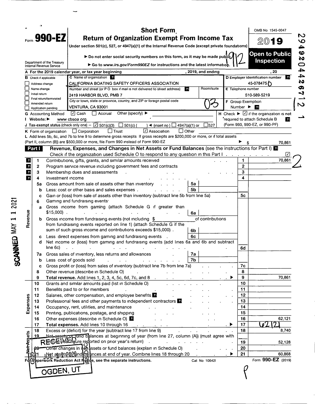 Image of first page of 2019 Form 990EZ for California Boating Safety Officers Association