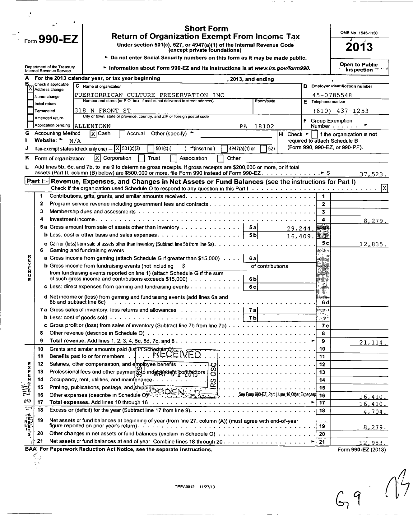 Image of first page of 2013 Form 990EZ for Puertorrican Rican Cultural Preserva