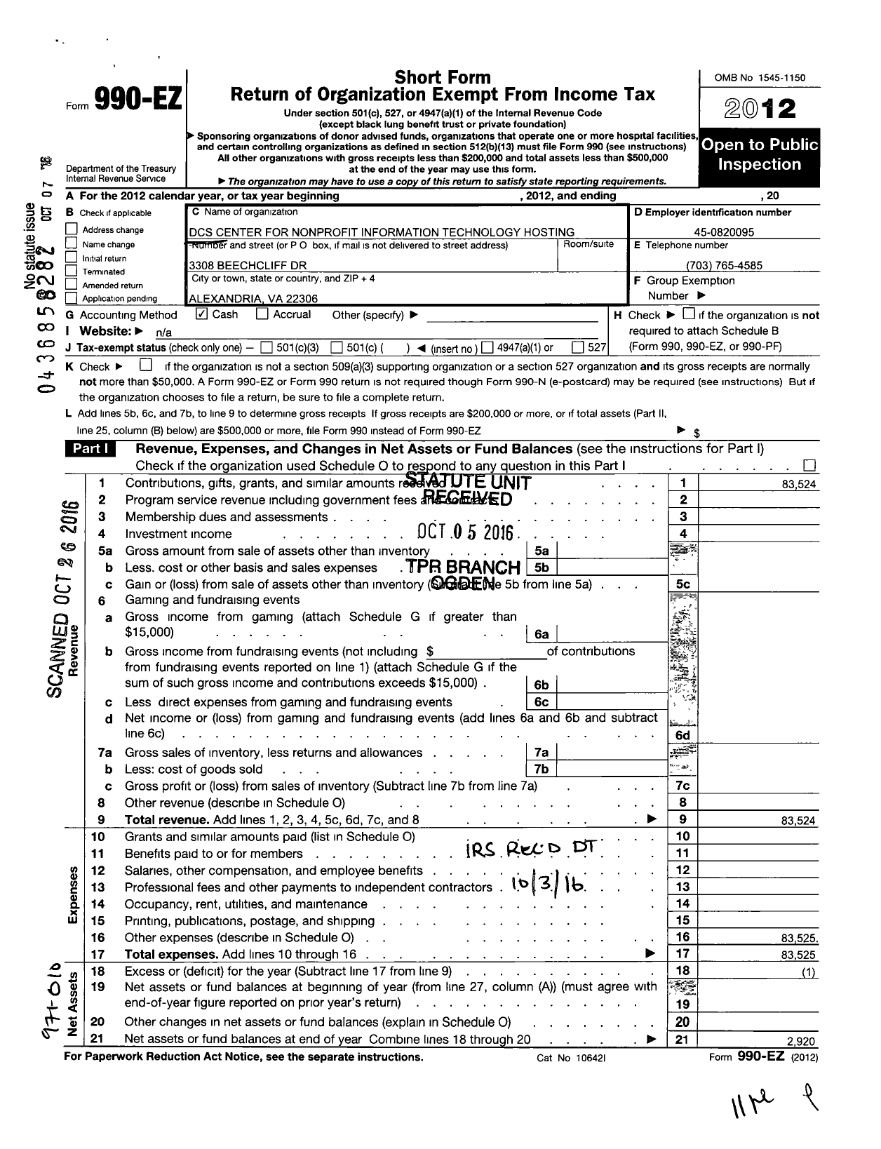 Image of first page of 2012 Form 990EO for The Center for Nonprofit Information Technology Security