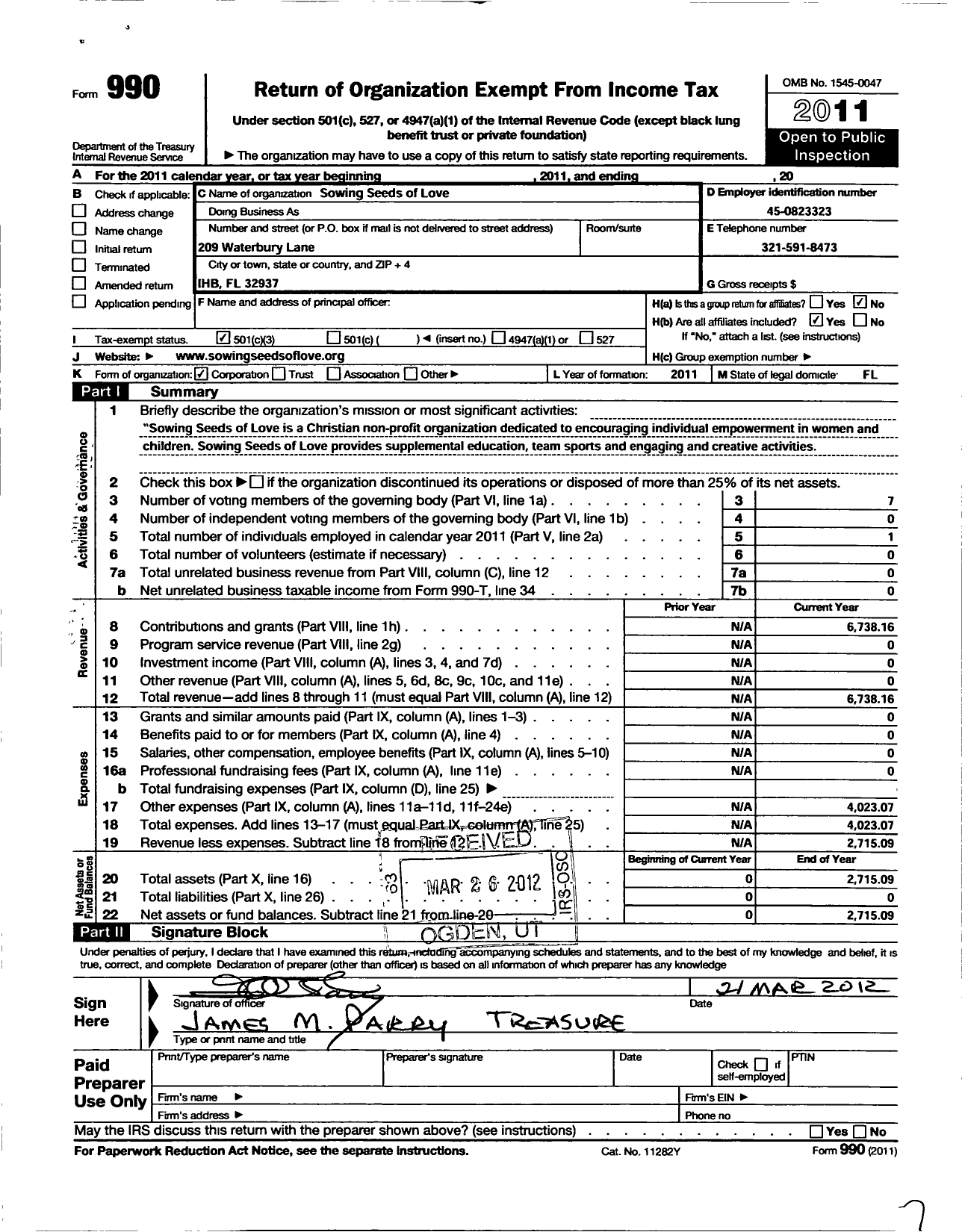 Image of first page of 2011 Form 990 for Sowing Seeds of Love