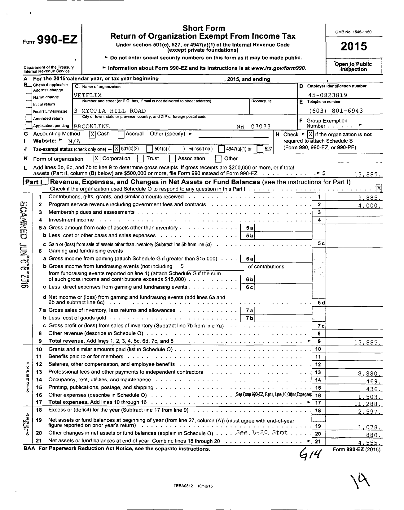 Image of first page of 2015 Form 990EZ for Vetflix