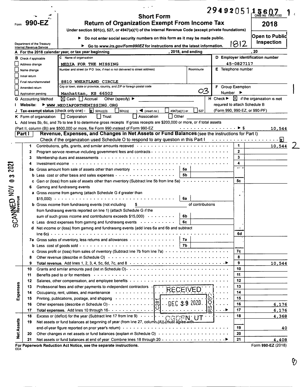 Image of first page of 2018 Form 990EZ for Media for the Missing