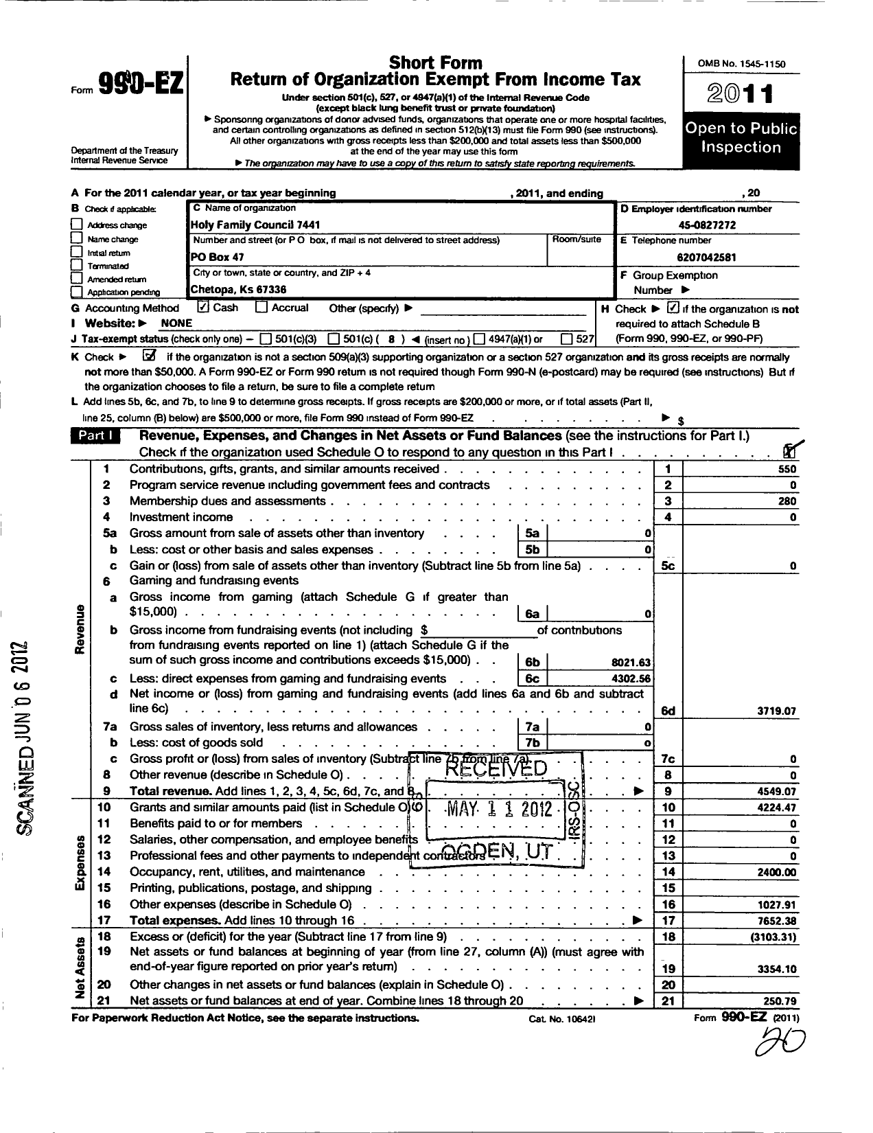 Image of first page of 2011 Form 990EO for Knights of Columbus - Holy Family Council 7441