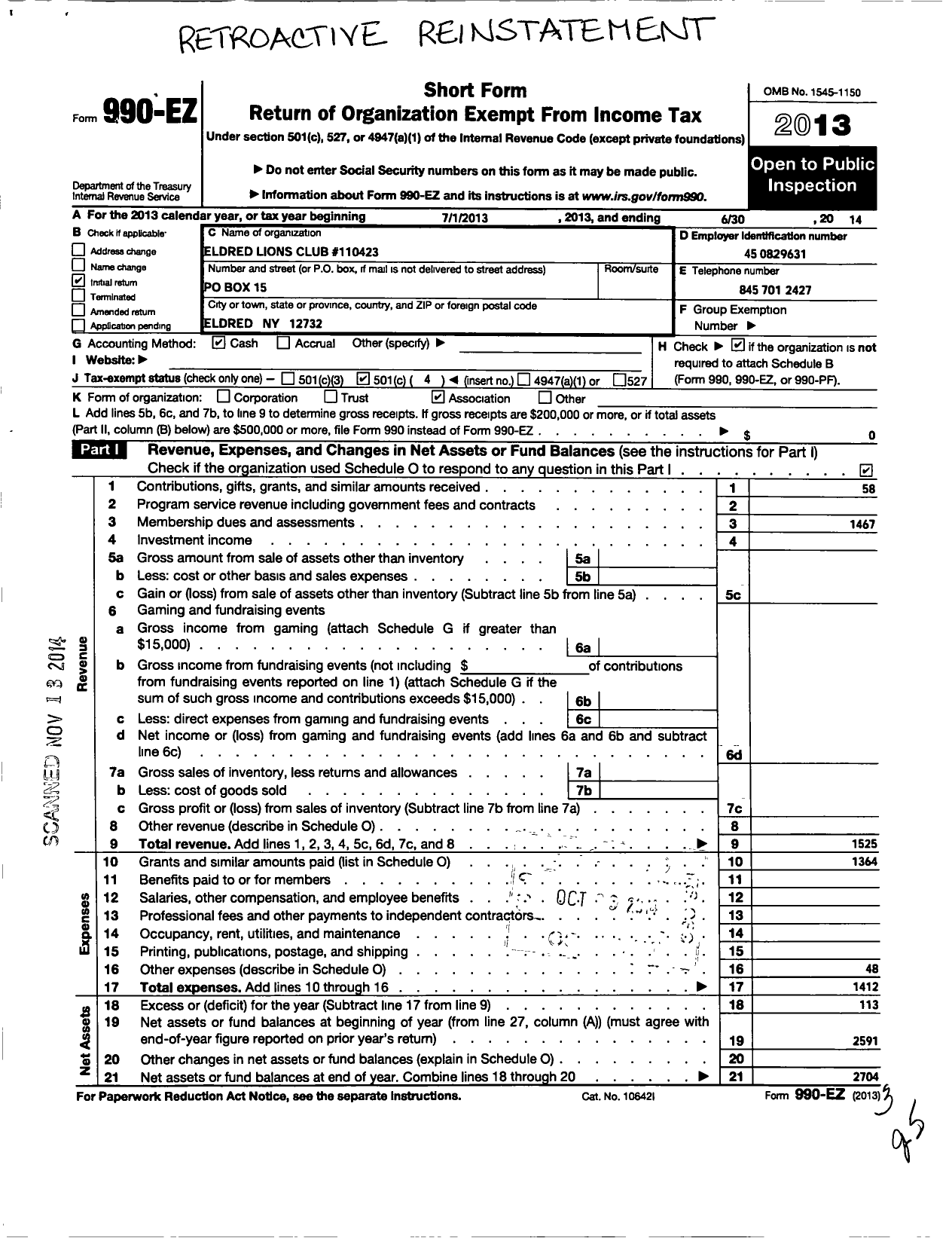 Image of first page of 2013 Form 990EO for International Association of Lions Clubs