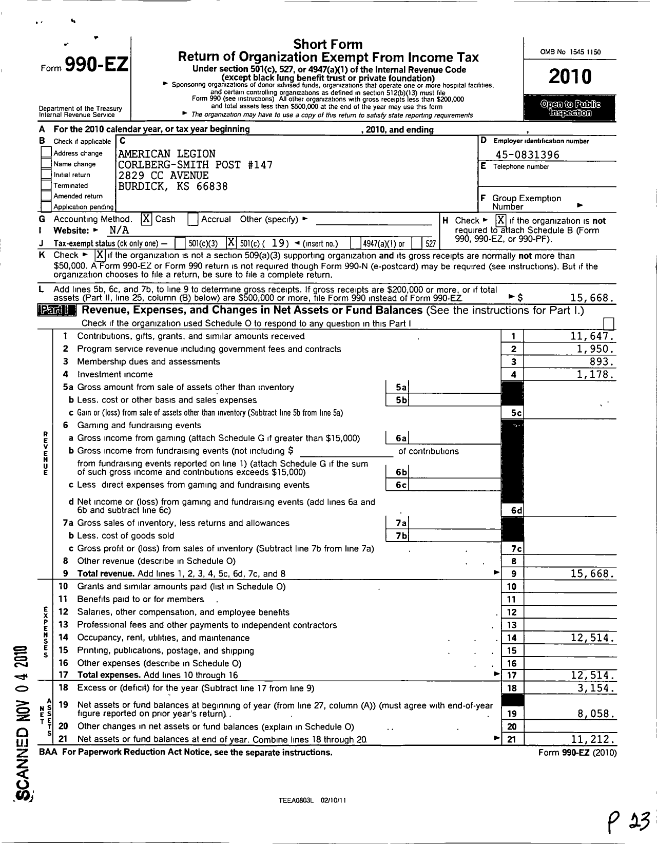Image of first page of 2010 Form 990EO for American Legion - 147 Golberg-Smith Post