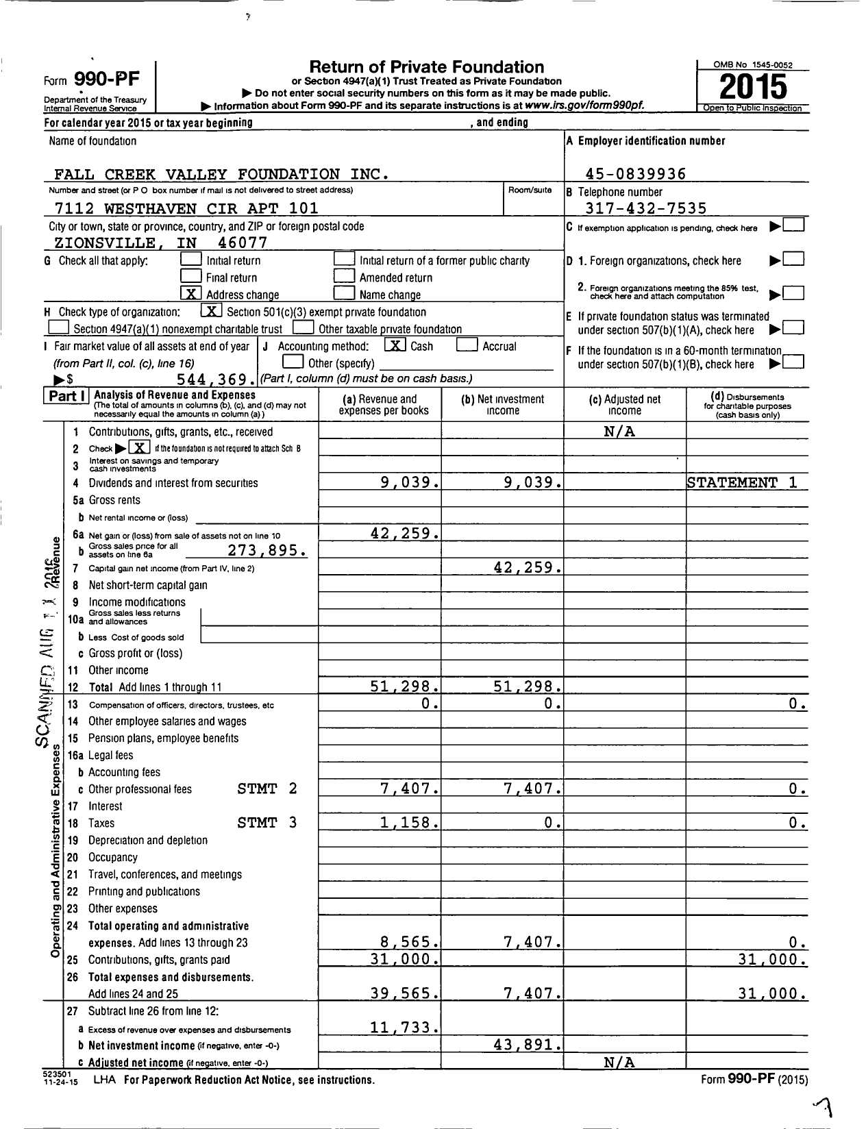 Image of first page of 2015 Form 990PF for Fall Creek Valley Foundation