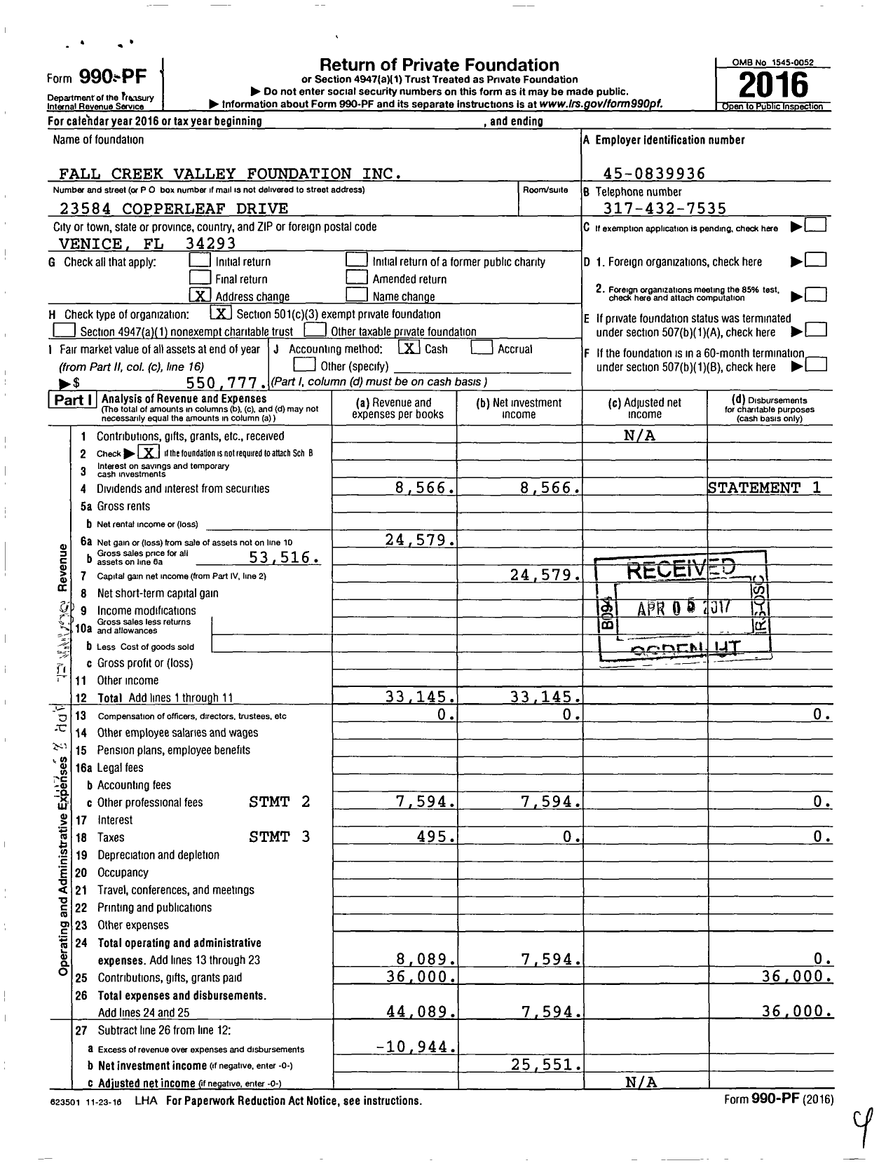 Image of first page of 2016 Form 990PF for Fall Creek Valley Foundation