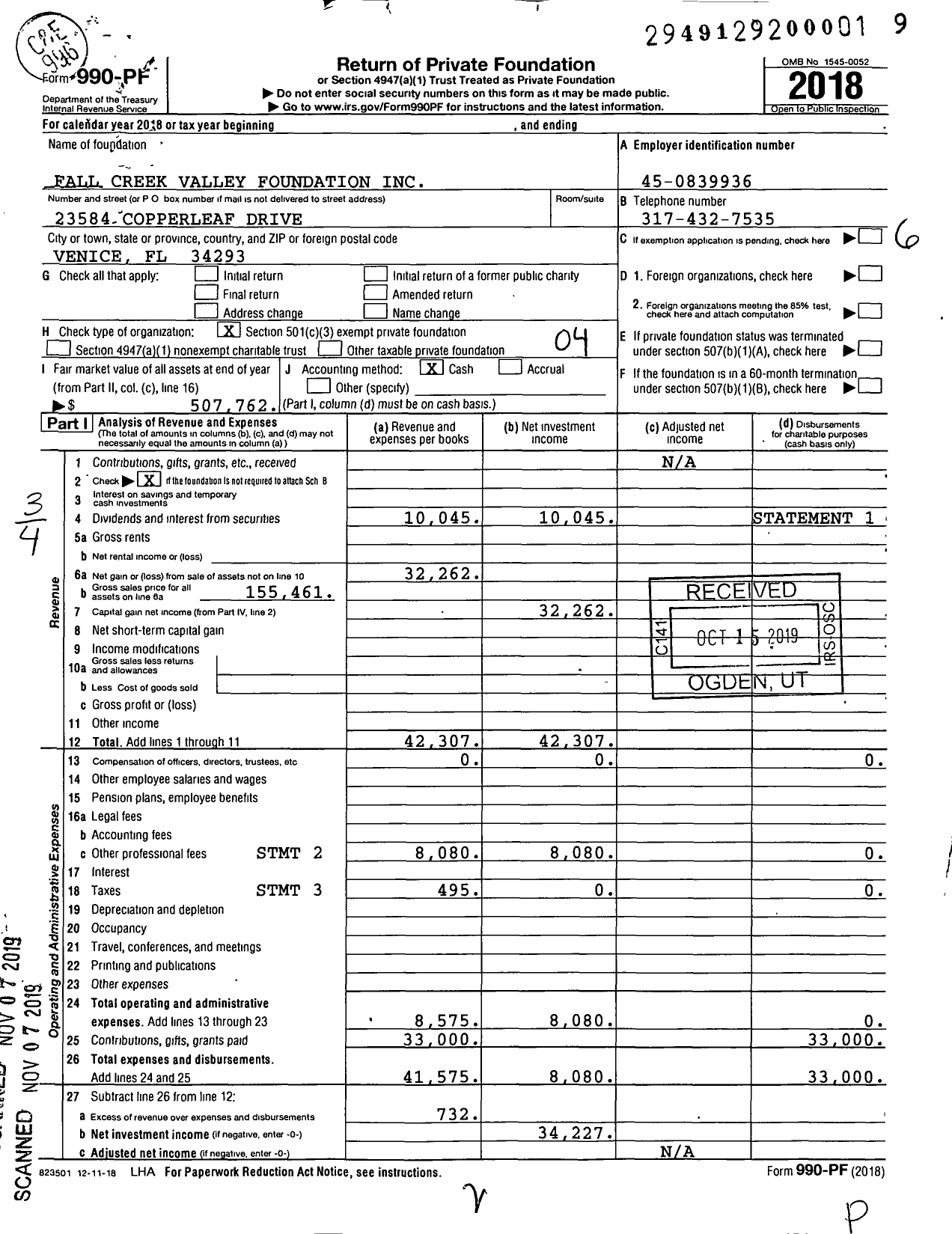 Image of first page of 2018 Form 990PF for Fall Creek Valley Foundation
