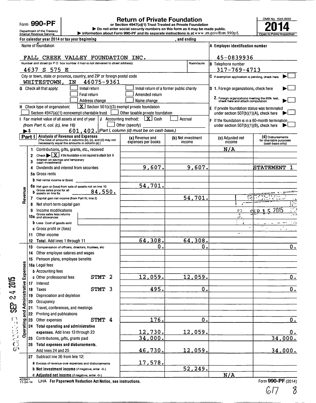 Image of first page of 2014 Form 990PF for Fall Creek Valley Foundation