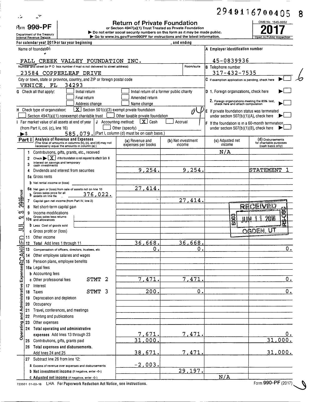 Image of first page of 2017 Form 990PF for Fall Creek Valley Foundation