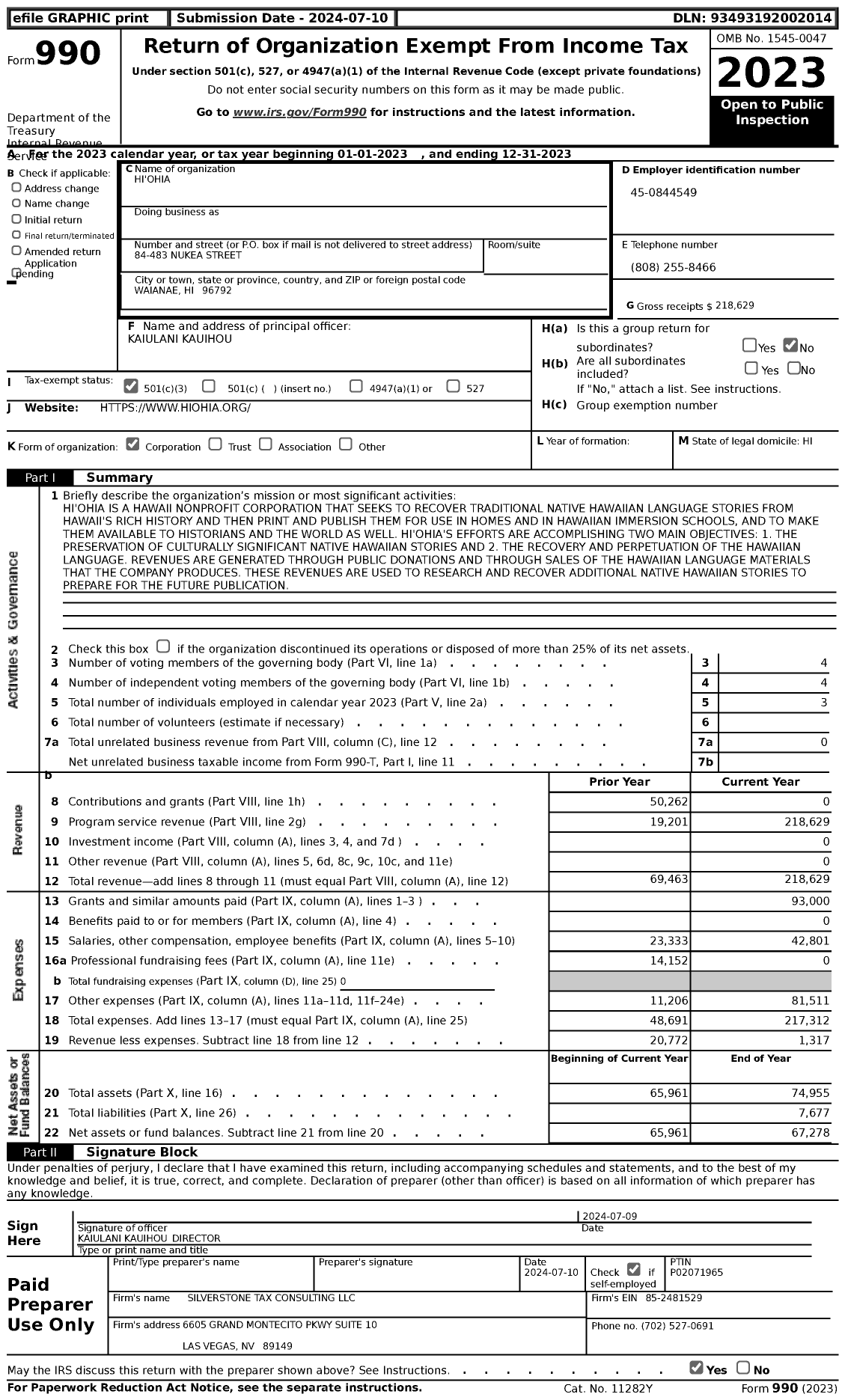 Image of first page of 2023 Form 990 for Hi'ohia