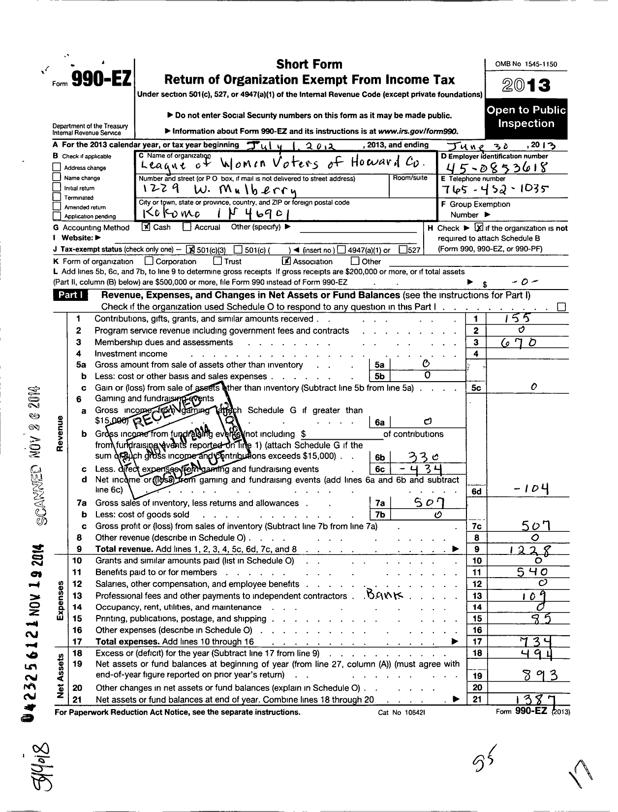 Image of first page of 2012 Form 990EZ for League of Women Voters of Indiana / Howard County Area