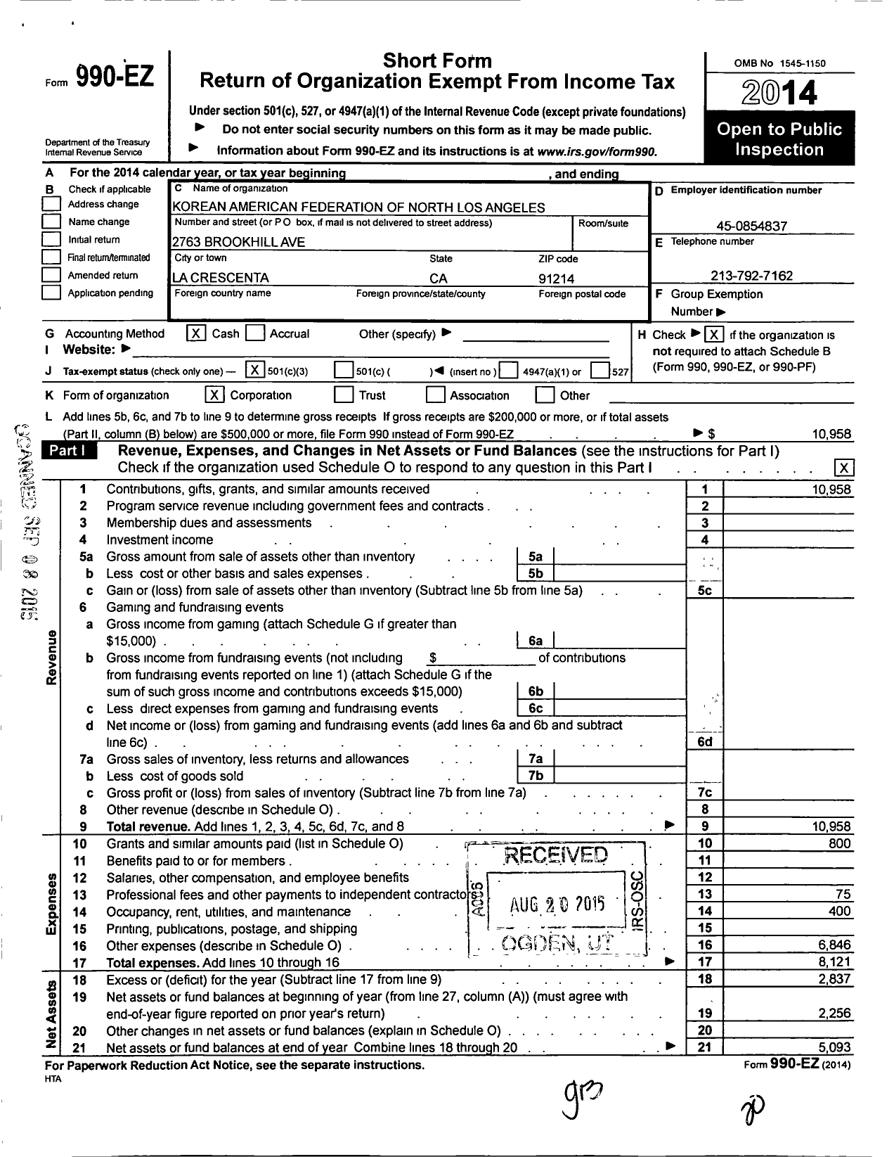 Image of first page of 2014 Form 990EZ for Korean American Federation of North Los Angeles