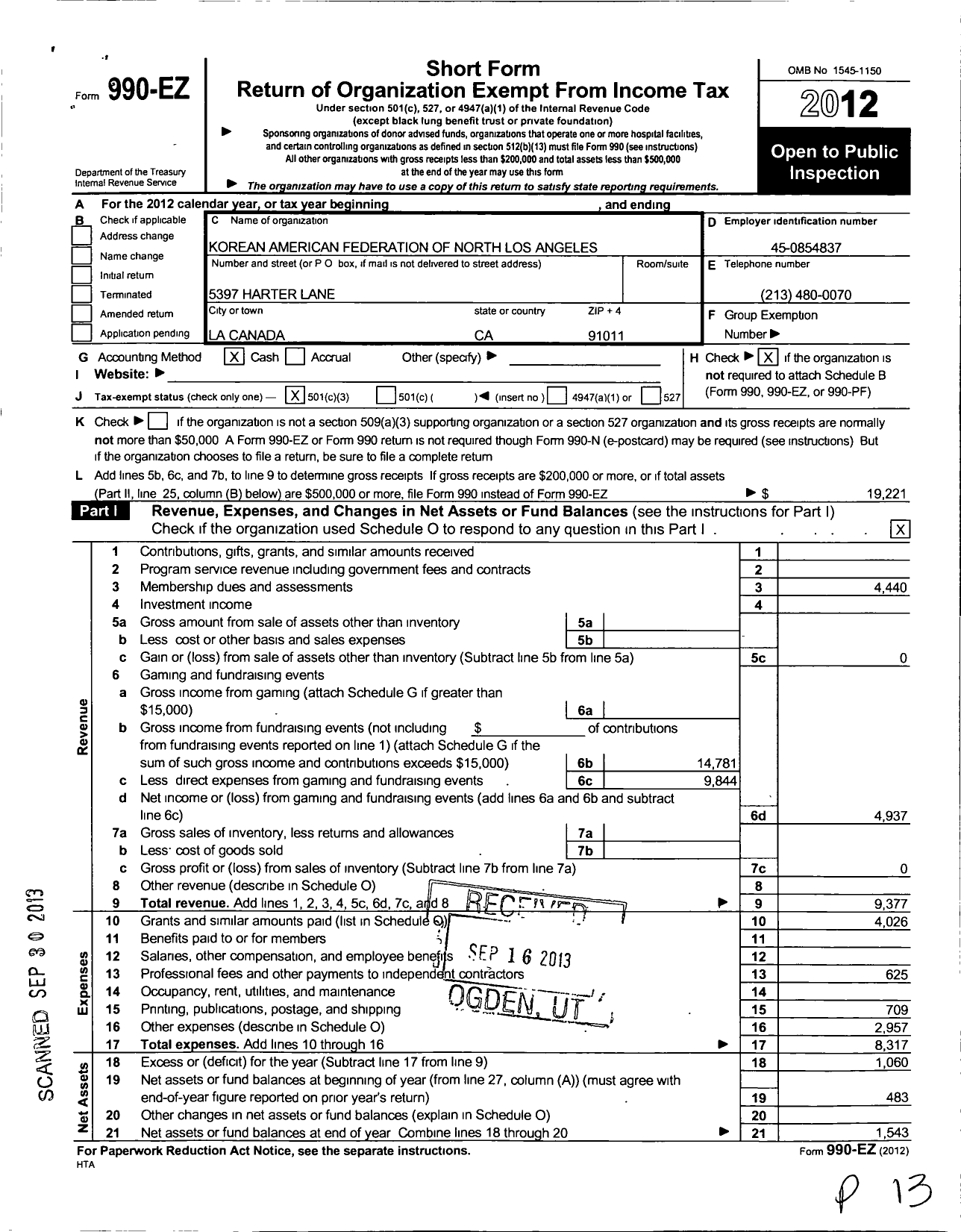 Image of first page of 2012 Form 990EZ for Korean American Federation of North Los Angeles