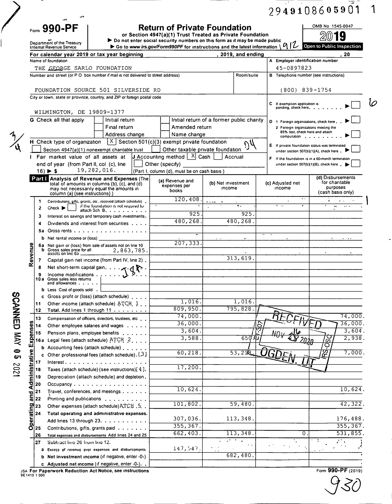 Image of first page of 2019 Form 990PF for Sarlo Family Foundation