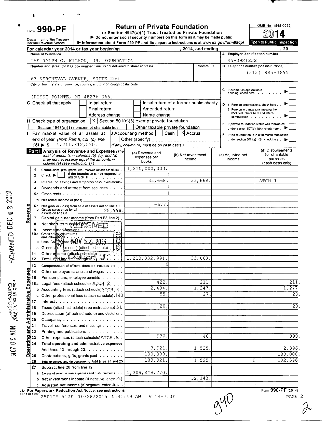 Image of first page of 2014 Form 990PF for Ralph C Wilson Jr Foundation