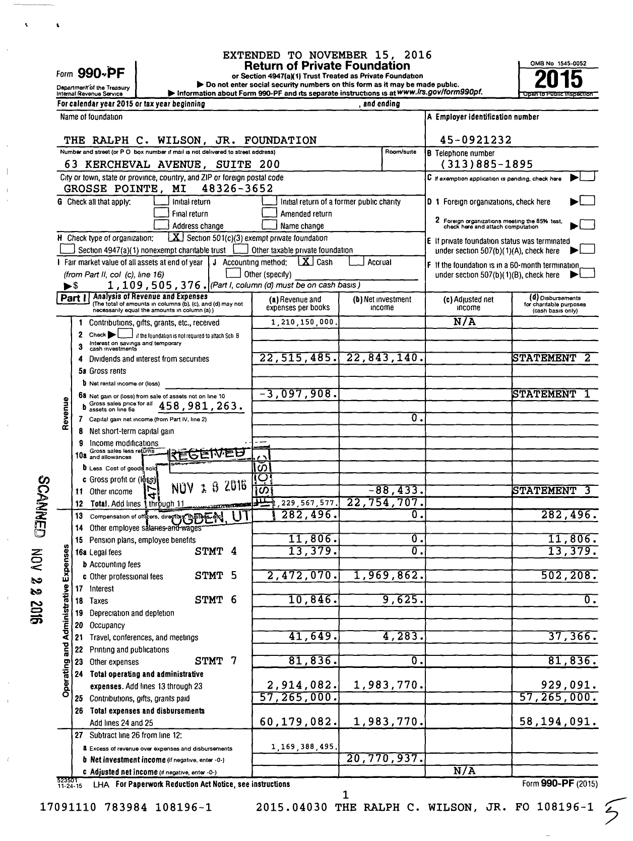 Image of first page of 2015 Form 990PF for Ralph C Wilson Jr Foundation