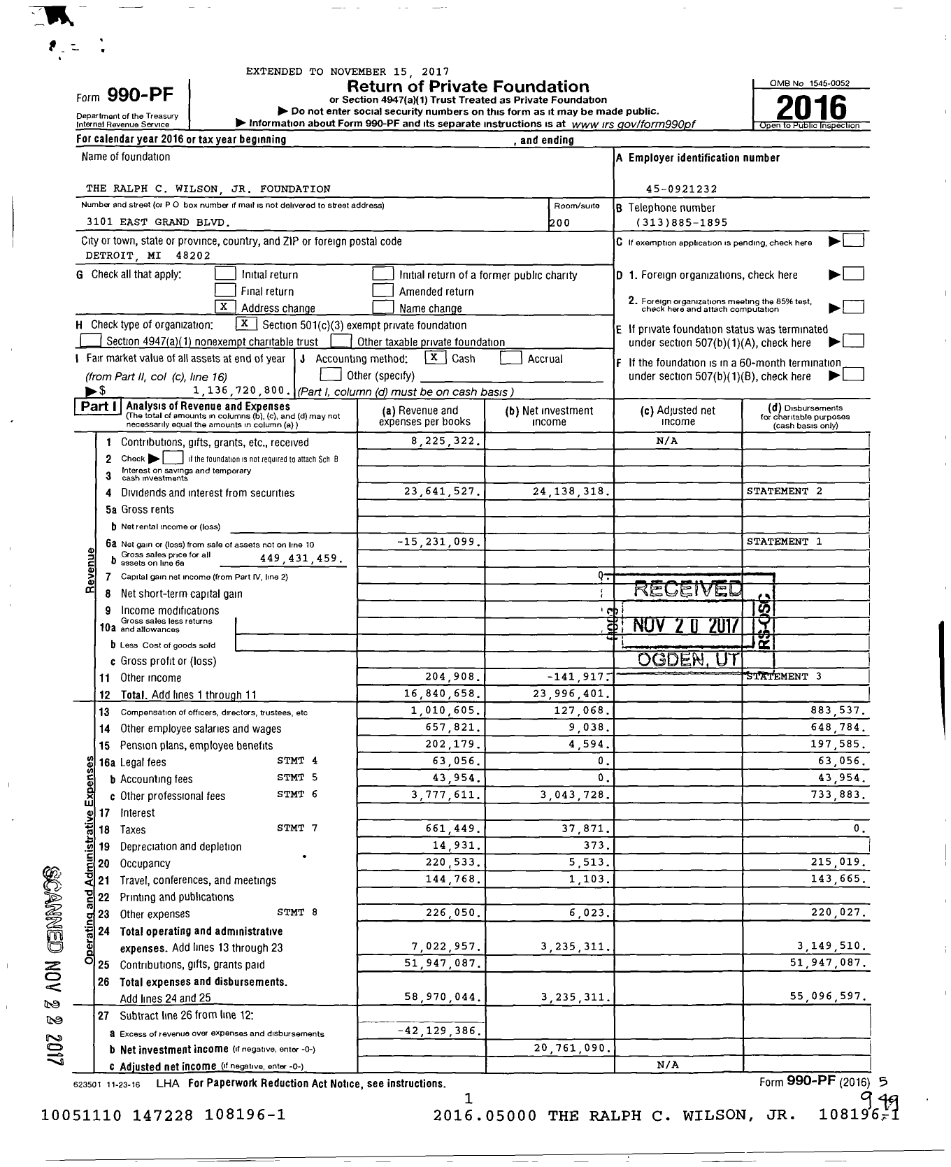Image of first page of 2016 Form 990PF for Ralph C Wilson Jr Foundation