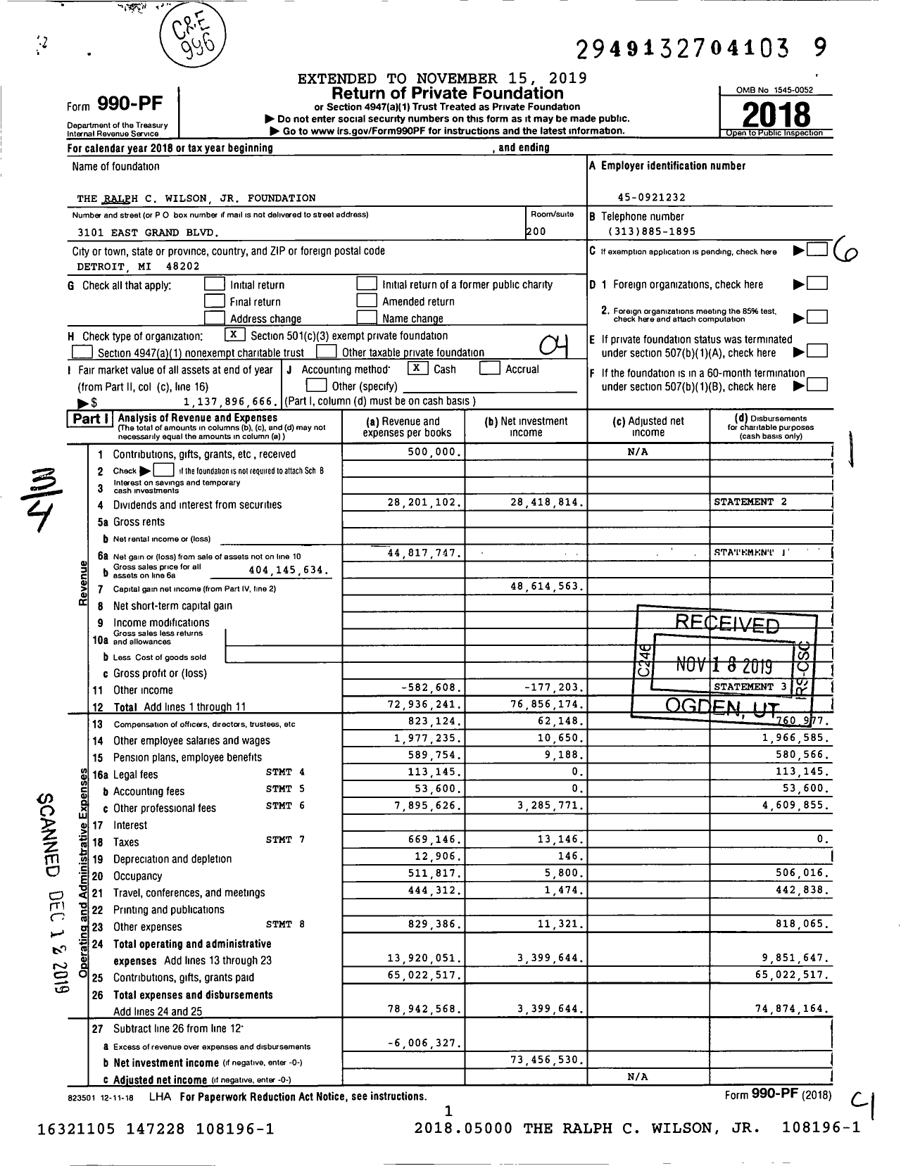 Image of first page of 2018 Form 990PF for Ralph C Wilson Jr Foundation