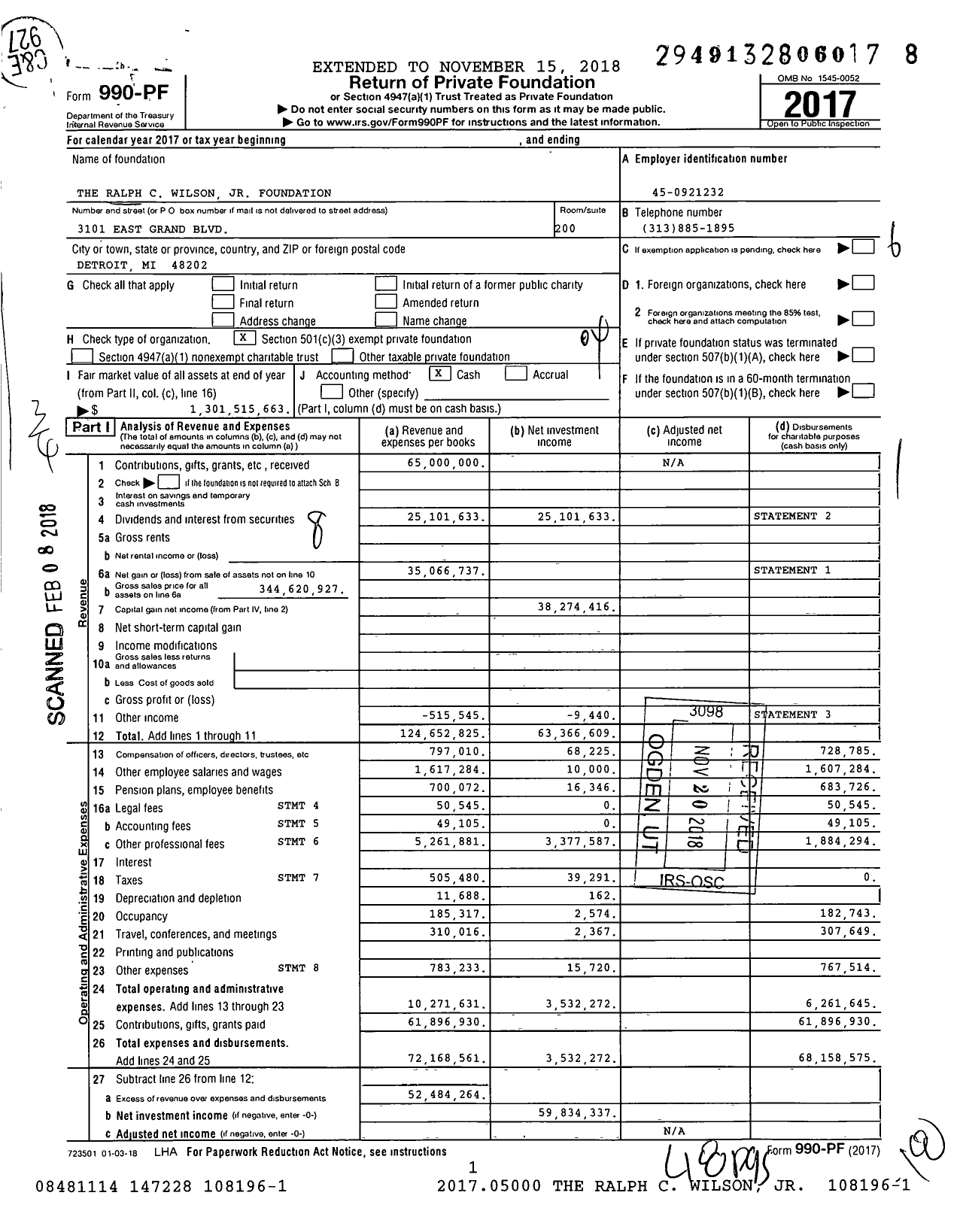 Image of first page of 2017 Form 990PF for Ralph C Wilson Jr Foundation