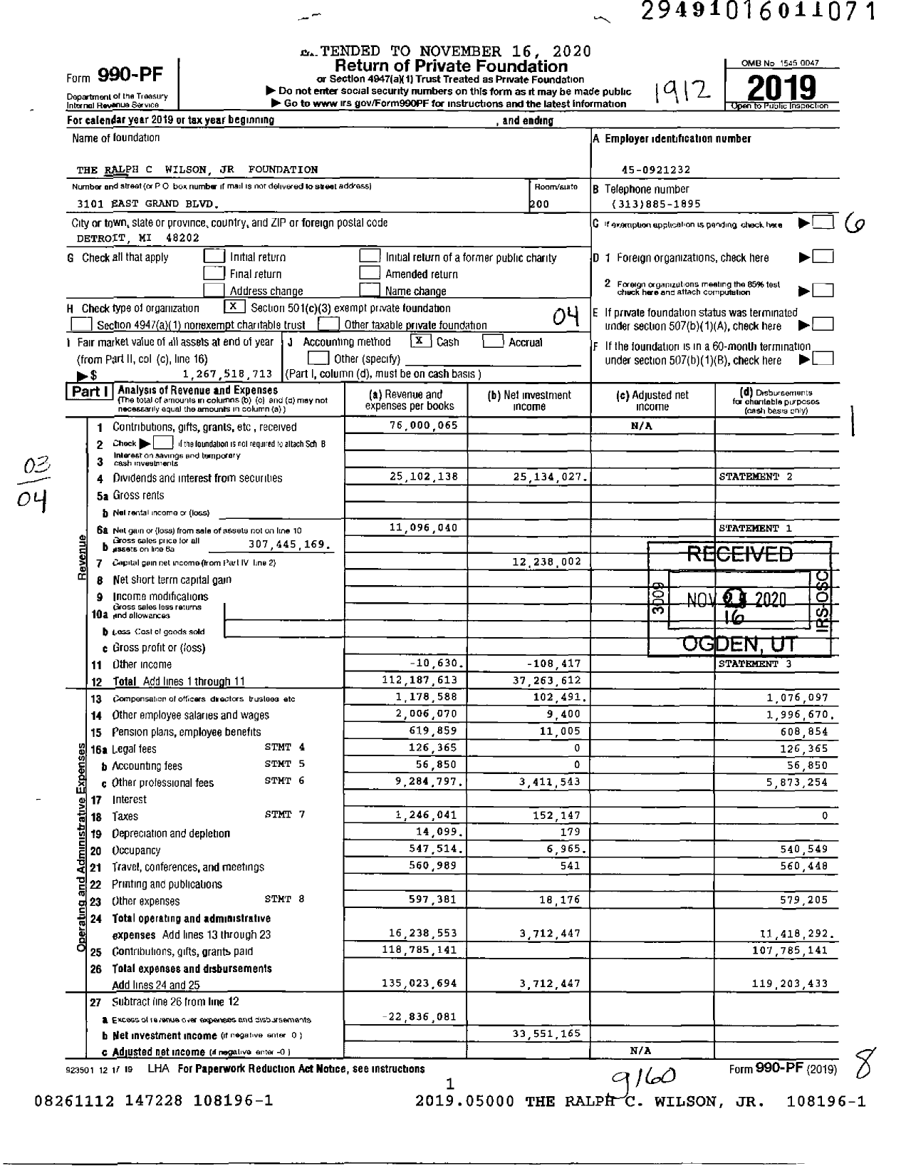 Image of first page of 2019 Form 990PF for Ralph C Wilson Jr Foundation